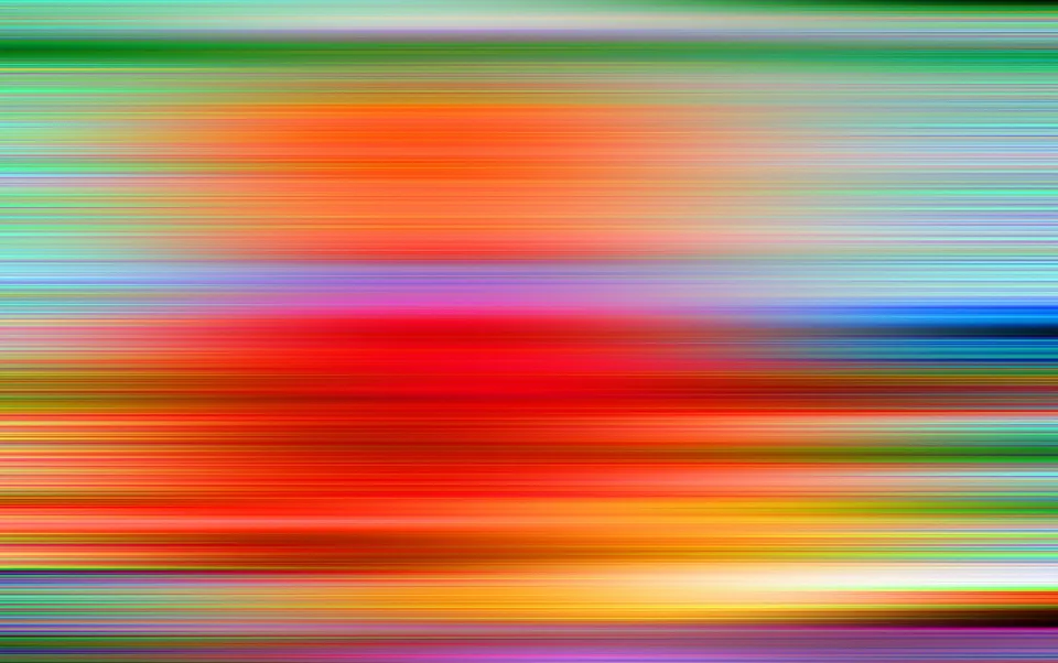 Abstrakte Komposition aus horizontalen, verwischten Farbstreifen in Grün, Orange, Rot, Blau und Violett, die von links nach rechts ineinanderlaufen.