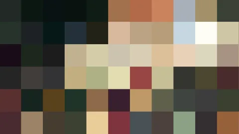 Abstraktes Muster aus rechteckigen Farbfeldern in Erdtönen, Oliv, Braun, Beige und vereinzelt Rot und Blaugrau.