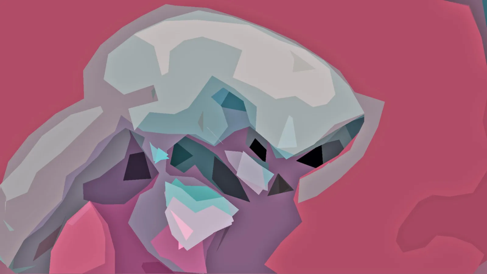 Facettiertes, abstraktes Porträt eines Kopfes im Profil in Blaugrau und Violett vor pinkfarbenem Hintergrund.