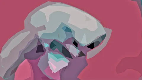 Facettiertes, abstraktes Porträt eines Kopfes im Profil in Blaugrau und Violett vor pinkfarbenem Hintergrund.