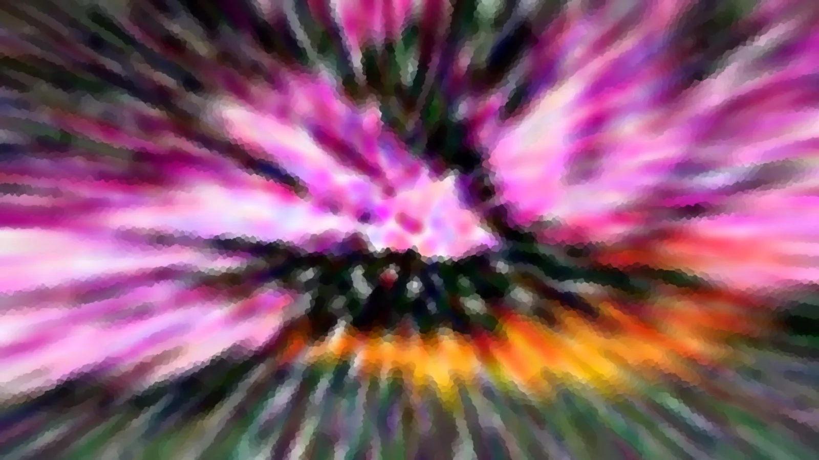 Abstraktes Bild mit radial von der Mitte ausgehenden Streifen in Pink, Violett, Grün und Orange, leicht verpixelt und bewegungsunscharf.