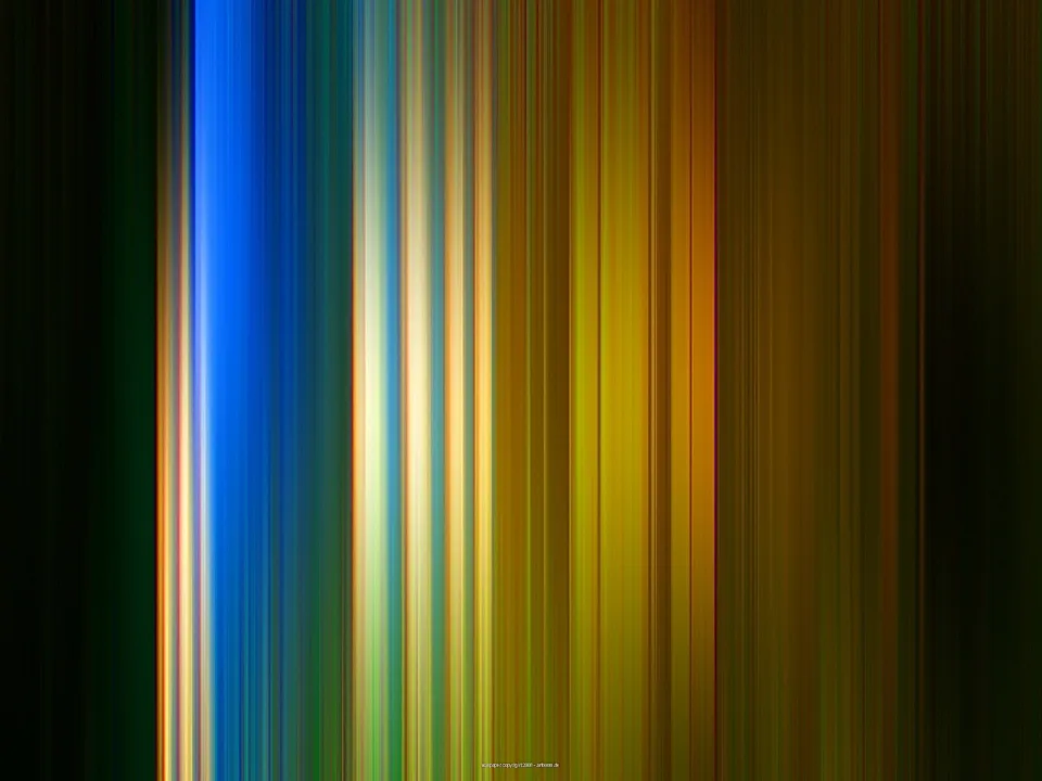 Vertikale, verwischte Streifen in Blau, Gelb, Orange und Grün auf dunklem Grund.