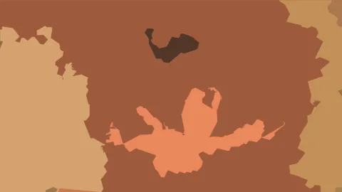 Abstrakte Komposition aus flachen Formen in Rotbraun, Orange und Sandtönen, mit einem dunklen Fleck im oberen Mittelfeld.