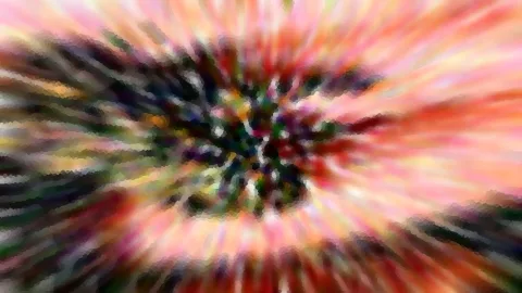 Abstrakte Komposition aus radial angeordneten bunten Streifen in Rot, Orange, Rosa und Grün, mit einem dunklen Zentrum.