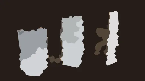 Drei senkrechte Stapel aus grauen, weißen und braunen zackigen Formen auf dunklem Hintergrund.