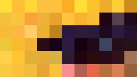 Ein Mosaik aus quadratischen Pixelblöcken in Gelb, Orange, Dunkelviolett, Rosa und Braun, ohne erkennbares Motiv.