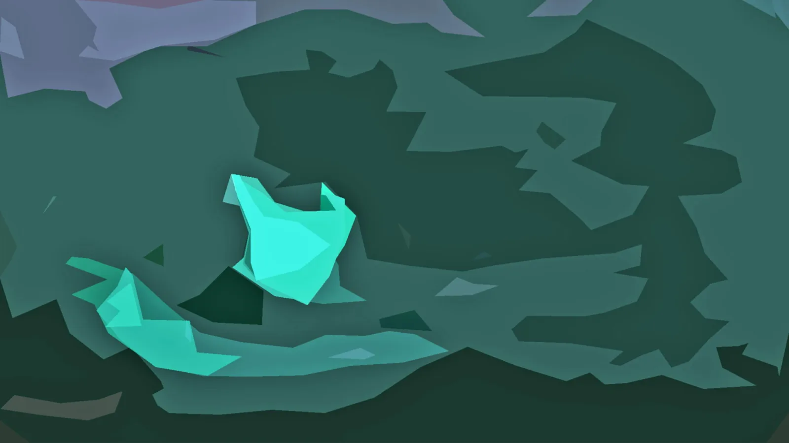 Abstrakte Low-Poly-Komposition in Grün- und Türkistönen mit leuchtenden türkisfarbenen Flächen in der Mitte und unten links.