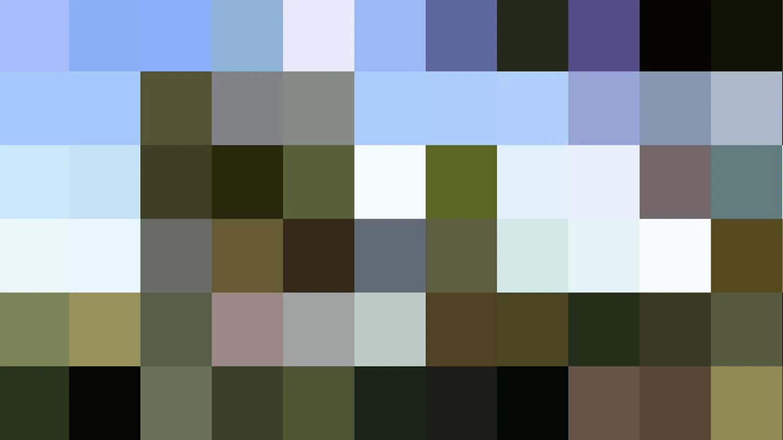 Abstraktes Mosaik aus rechteckigen Farbfeldern in Blau, Grau, Grün und Schwarz, in sechs Reihen angeordnet.
