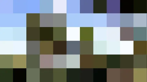 Abstraktes Mosaik aus rechteckigen Farbfeldern in Blau, Grau, Grün und Schwarz, in sechs Reihen angeordnet.