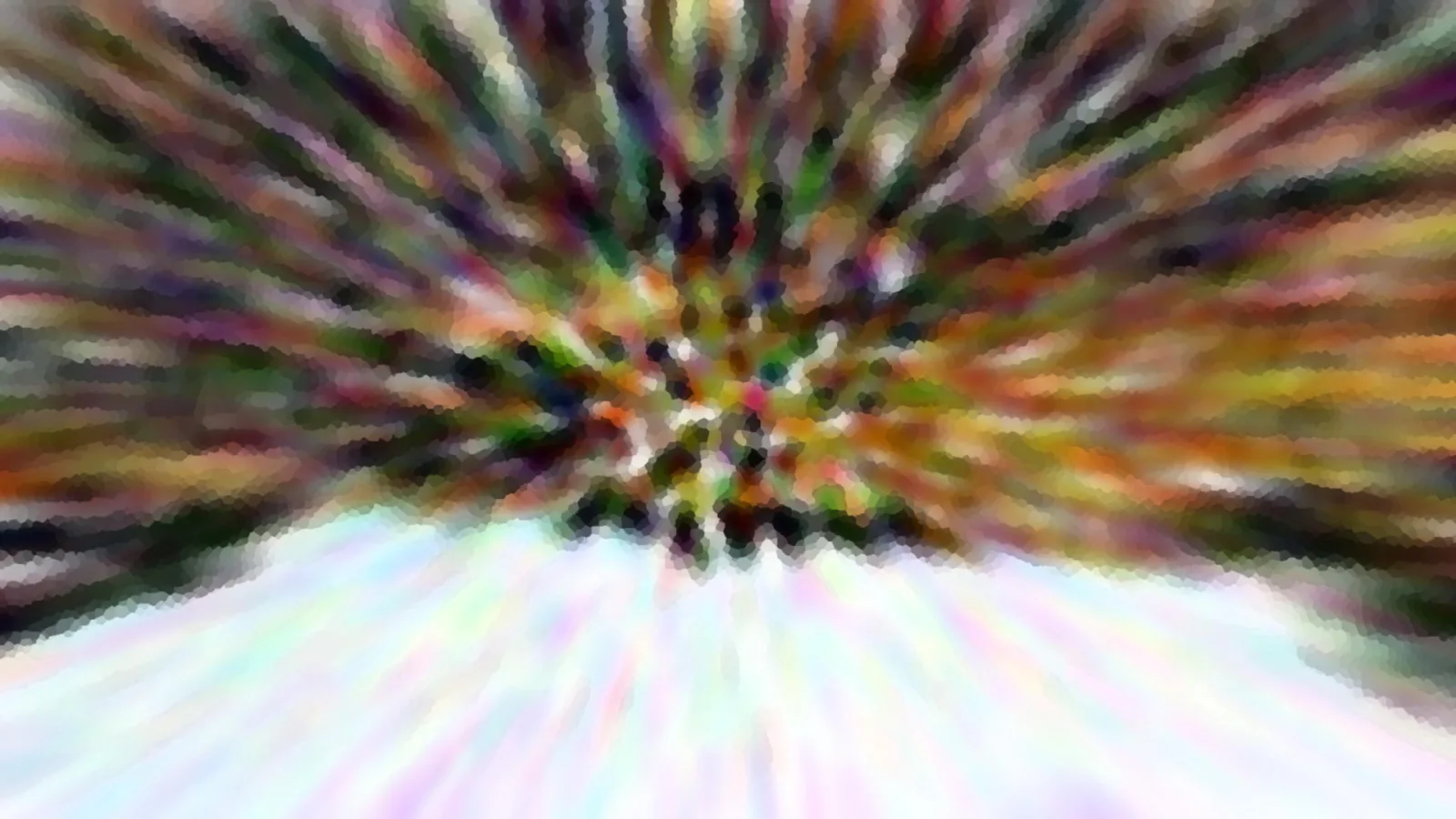 Abstrakte Aufnahme mit radial von der Mitte nach außen laufenden, bunten Unschärfestreifen in Grün, Rot, Orange und Violett. Unten geht das Bild in helle, pastellfarbene Schlieren über.