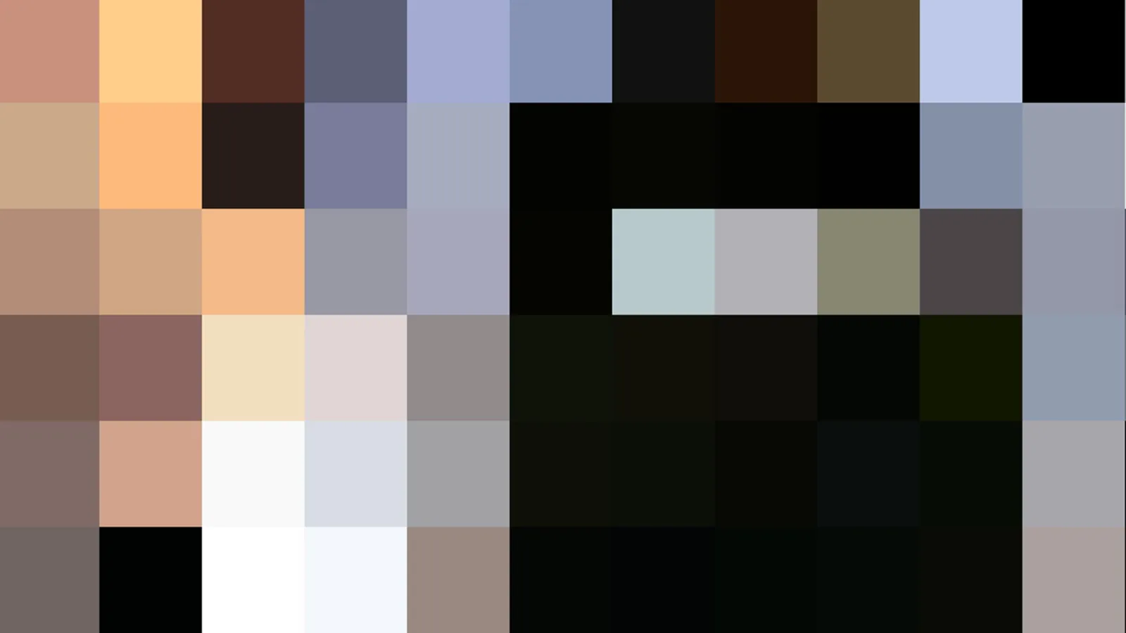 Abstraktes Mosaik aus rechteckigen Farbfeldern in Pastell, Schwarz, Weiß und Erdtönen, in einem groben Raster angeordnet.