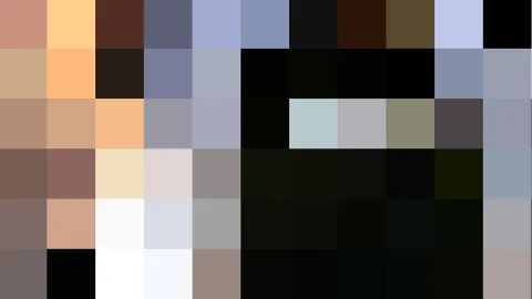 Abstraktes Mosaik aus rechteckigen Farbfeldern in Pastell, Schwarz, Weiß und Erdtönen, in einem groben Raster angeordnet.