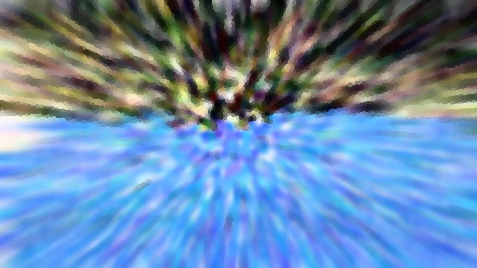 Abstrakte Komposition mit radial von der Mitte nach außen laufenden Streifen in Blau, Olivgrün und Braun, die stark verwischt und pixelig wirken.