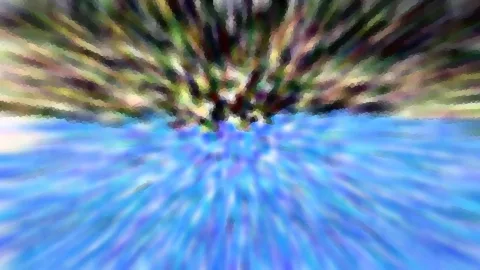 Abstrakte Komposition mit radial von der Mitte nach außen laufenden Streifen in Blau, Olivgrün und Braun, die stark verwischt und pixelig wirken.