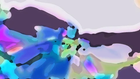 Abstrakte Komposition aus weichen, bunten Farbflächen in Blau, Magenta und Grün auf hellgrauem und dunkelviolettem Grund.