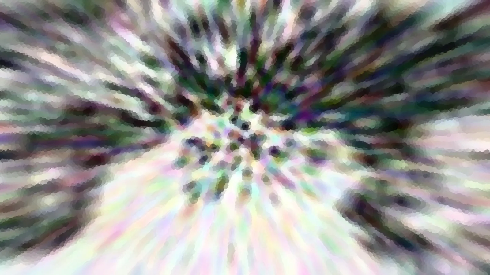 Abstraktes Bild aus verwischten, radial von der Mitte nach außen laufenden Streifen in Grün, Violett, Schwarz und Weiß.