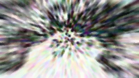 Abstraktes Bild aus verwischten, radial von der Mitte nach außen laufenden Streifen in Grün, Violett, Schwarz und Weiß.