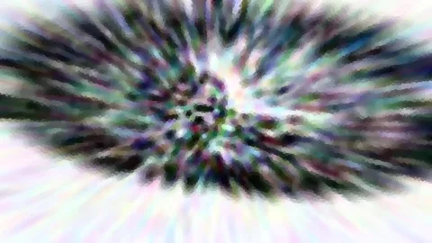 Abstraktes Bild mit einer zentralen Explosion aus strahlenförmigen, bunten Farbstrichen in Violett, Grün und Weiß auf dunklem Kern, umgeben von hellen Pastellflächen.