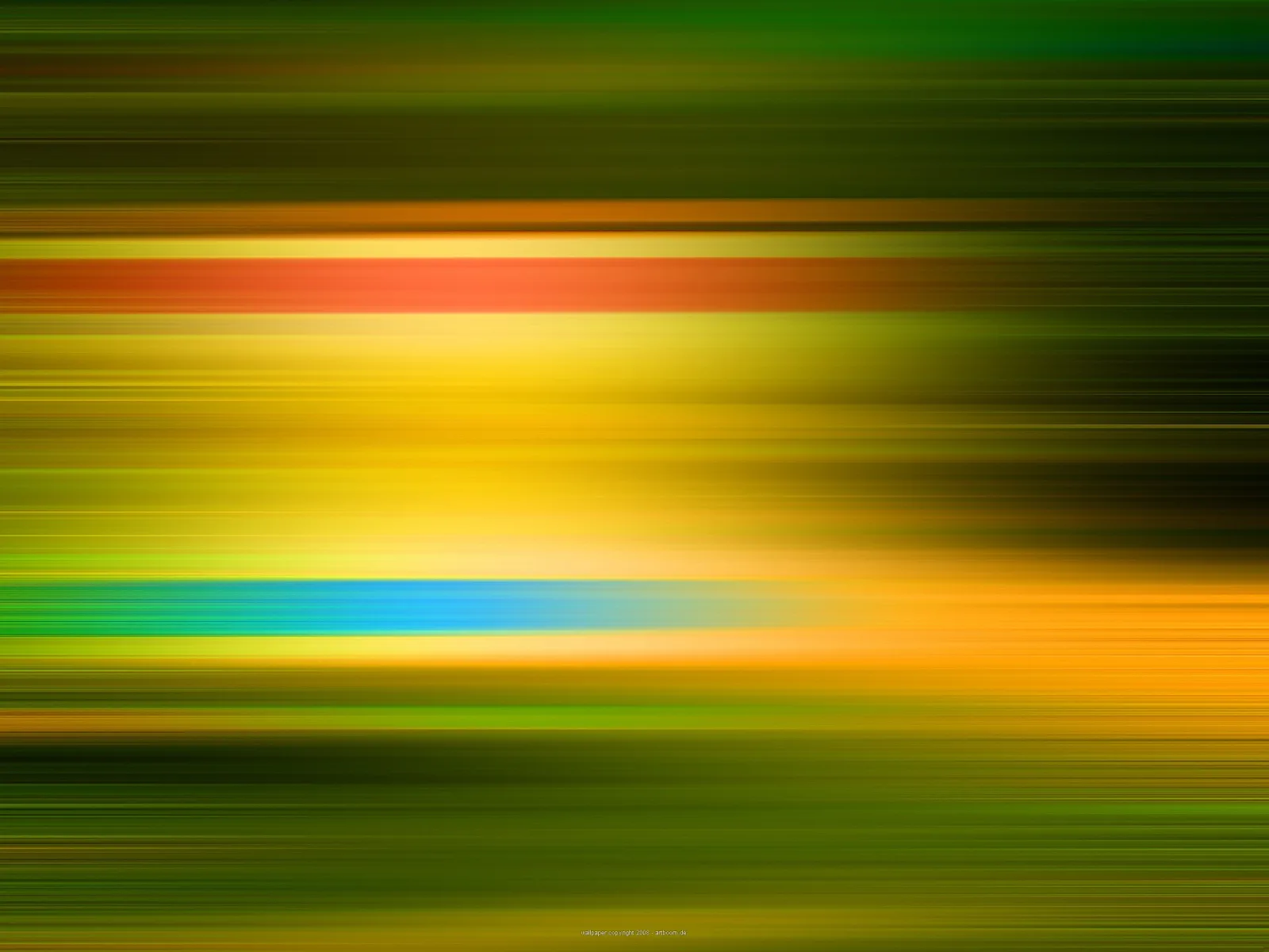 Abstrakte Komposition aus horizontalen, verwischten Streifen in Grün, Gelb, Orange und einem leuchtend blauen Band.