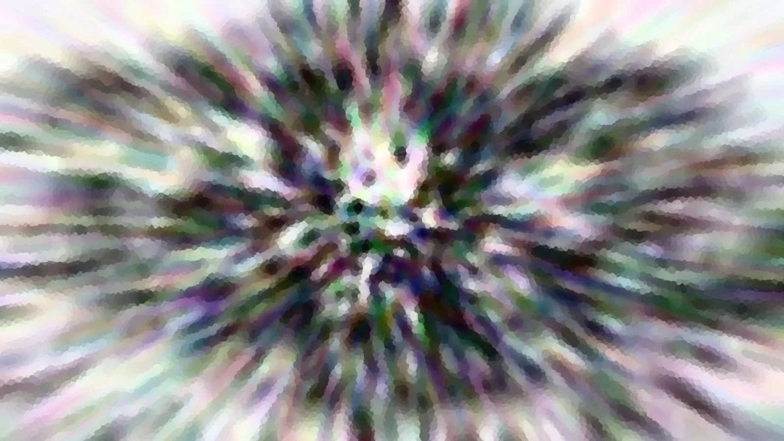 Abstrakte, radial verwischte Komposition aus grünen, violetten und weißen Farbstreifen, die von einem hellen Zentrum nach außen strahlen.