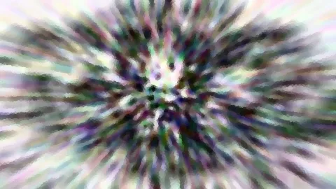 Abstrakte, radial verwischte Komposition aus grünen, violetten und weißen Farbstreifen, die von einem hellen Zentrum nach außen strahlen.