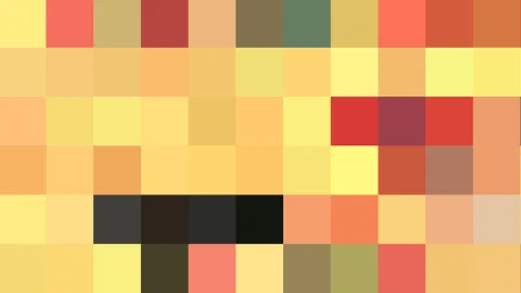 Abstraktes Mosaik aus quadratischen Pixelblöcken in Gelb-, Orange- und Rottönen, dazwischen einzelne dunkle Blöcke und ein grünlich-grauer Block.
