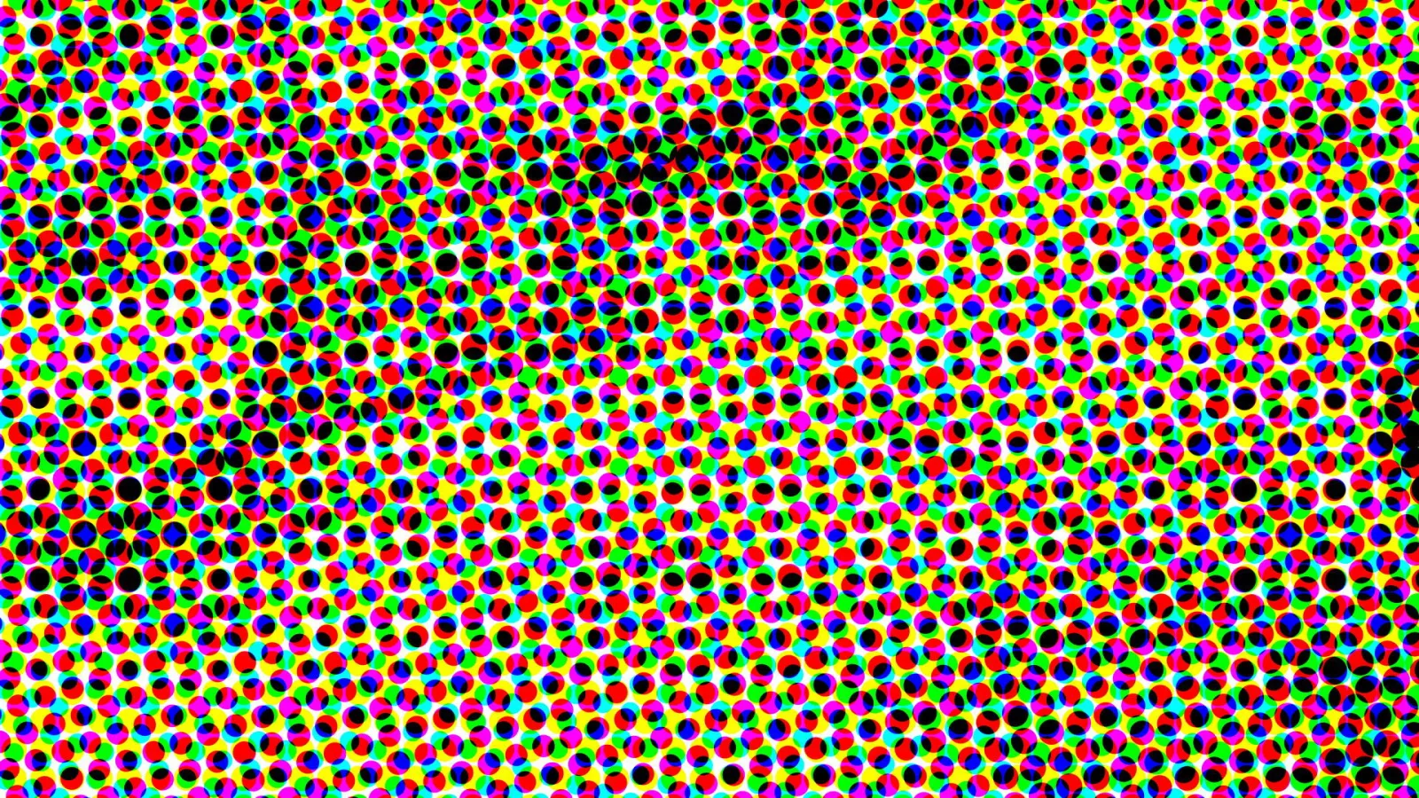 Dichtes Raster aus bunten und schwarzen Punkten auf weißem Grund, in Rot, Grün, Blau, Gelb, Cyan und Magenta.