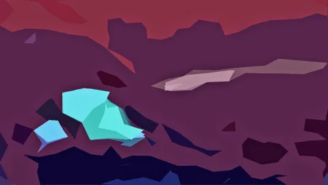 Abstrakte polygonale Formen in Türkis, Hellblau und Rosa auf violettem Grund, unten dunkles Marineblau.