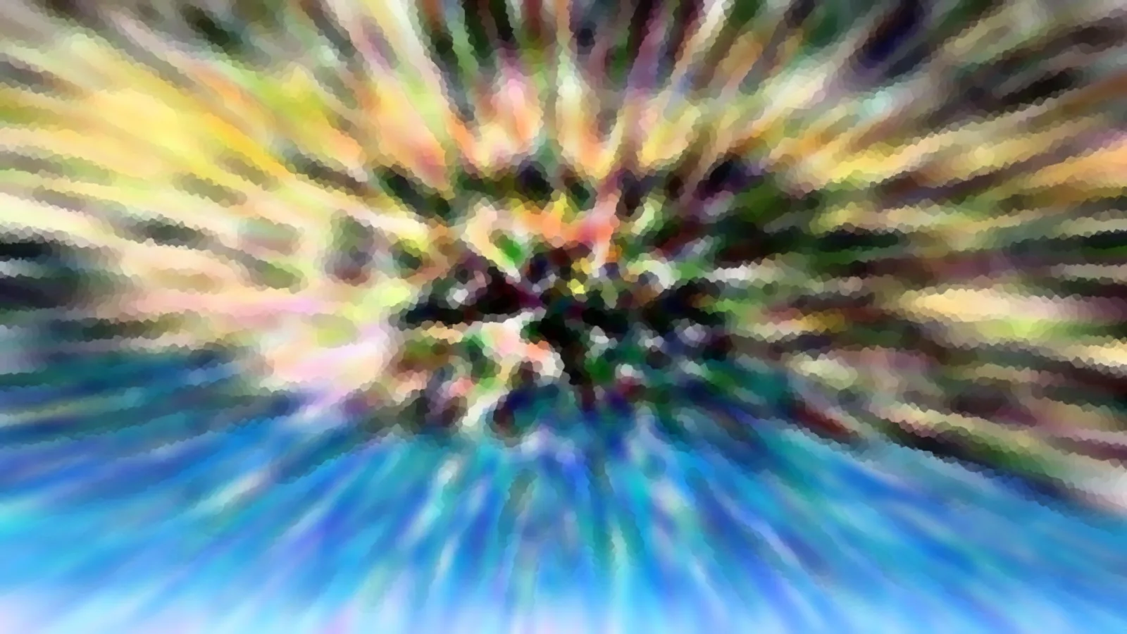 Abstrakte Komposition mit radial von einem dunklen Zentrum ausstrahlenden Streifen in Gelb, Grün, Rosa und Blau, mosaikartig pixelig.