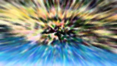 Abstrakte Komposition mit radial von einem dunklen Zentrum ausstrahlenden Streifen in Gelb, Grün, Rosa und Blau, mosaikartig pixelig.