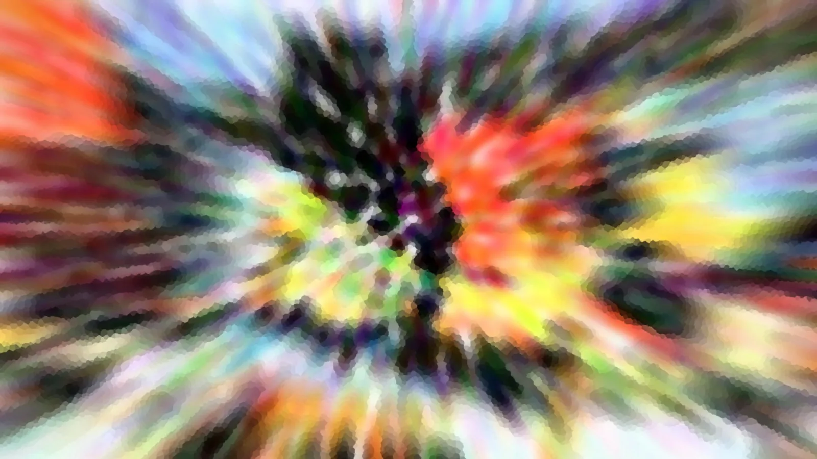 Abstraktes Bild mit radialem Zoomeffekt: bunte Streifen in Rot, Orange, Gelb, Grün und Blau laufen von einem dunklen Zentrum nach außen.