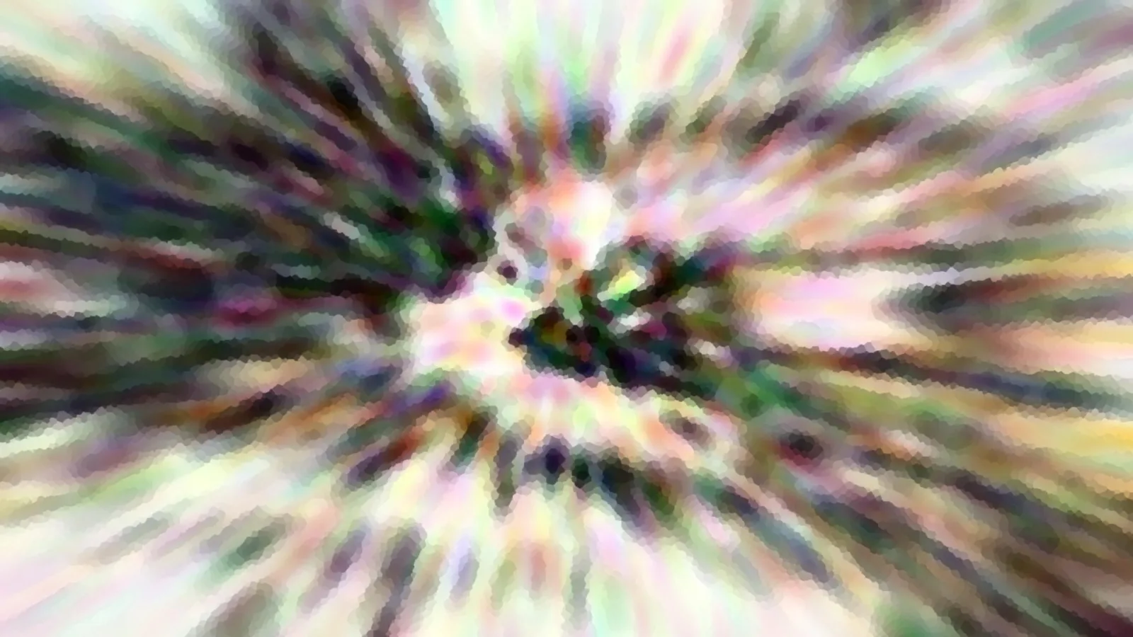 Abstrakte Komposition mit radial auseinanderlaufenden, pastellfarbenen Streifen in Grün, Violett und Weiß um einen dunklen Mittelpunkt.