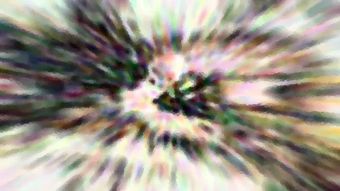 Abstrakte Komposition mit radial auseinanderlaufenden, pastellfarbenen Streifen in Grün, Violett und Weiß um einen dunklen Mittelpunkt.