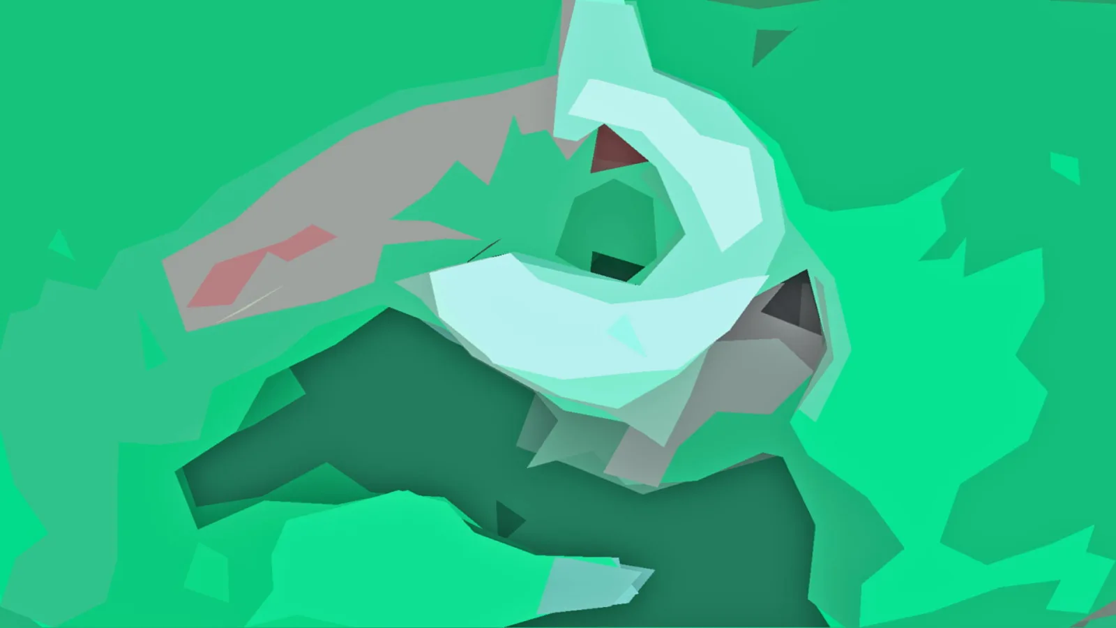 Abstrakte Komposition aus grünen, grauen und mintfarbenen Polygonflächen, im Zentrum eine geschwungene helle Form mit einem rötlichen Akzent.