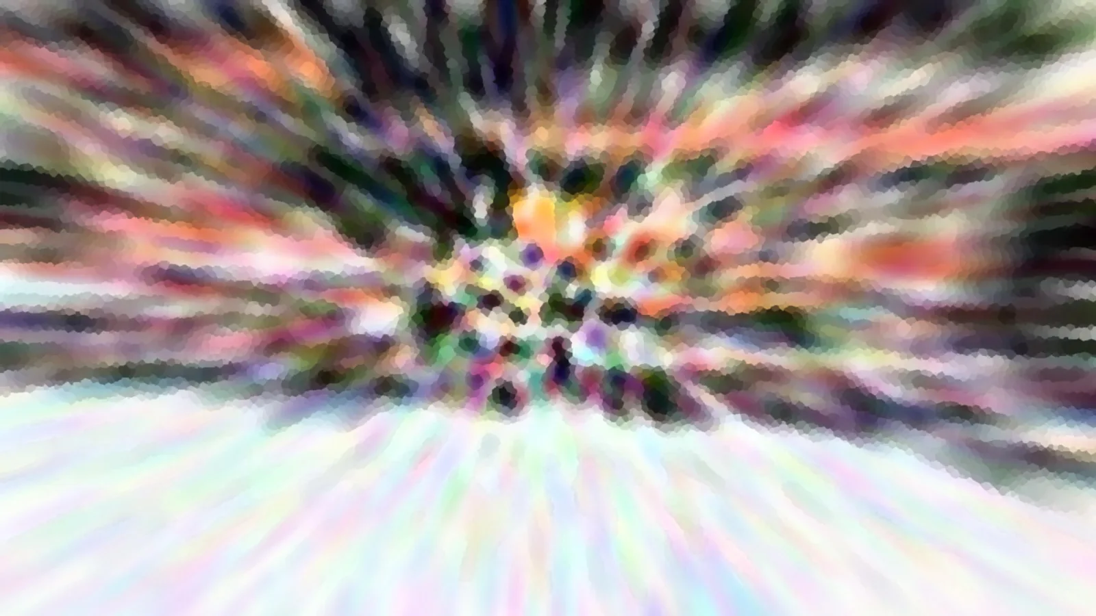 Abstrakte Komposition mit bunten, radial von einem dunklen Zentrum nach außen verlaufenden Streifen, im unteren Bereich helle Pastellfläche.