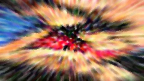 Abstrakte Komposition aus radial verwischten Farbstreifen in Rot, Blau, Gelb und Orange mit einem dunklen Zentrum.