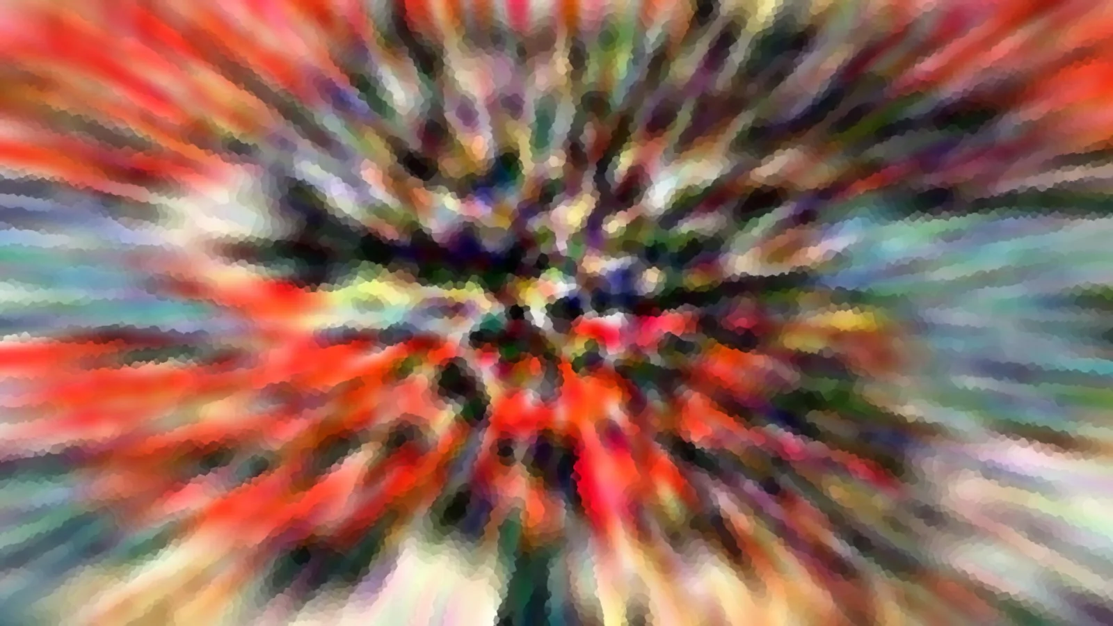 Abstraktes Bild mit radial von der Mitte nach außen laufenden Streifen in Rot, Grün, Blau und Schwarz, unscharf und pixelig verwischt.