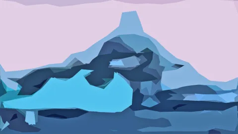 Abstrakte Gebirgslandschaft aus kantigen blauen und türkisfarbenen Flächen mit einem Gipfel in der Mitte, darüber ein blassrosa Himmel.