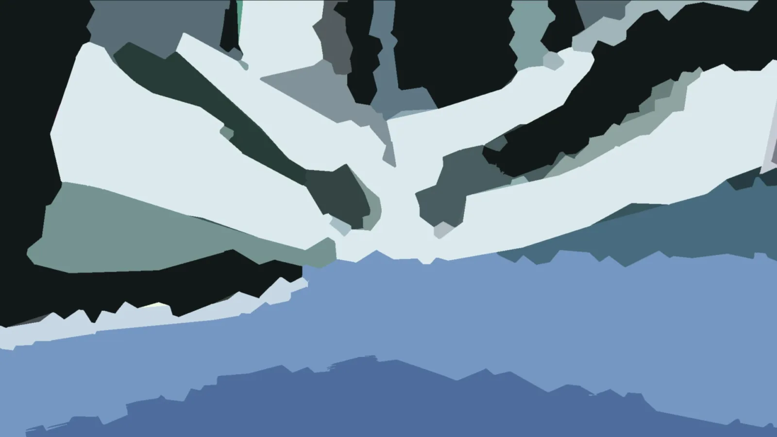 Abstrakte Komposition aus hellen, schwarzen und blauen Flächen mit gezackten Kanten.