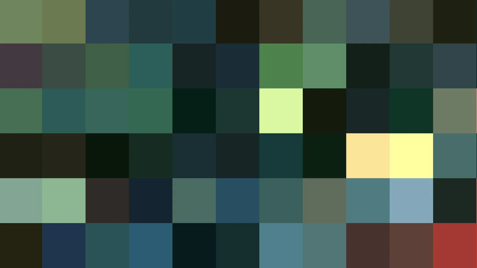 Raster aus quadratischen Farbfeldern in Grün, Blau, Dunkelgrau und Schwarz, unten rechts ein roter Block, dazwischen helle gelbe und pastellgrüne Felder.