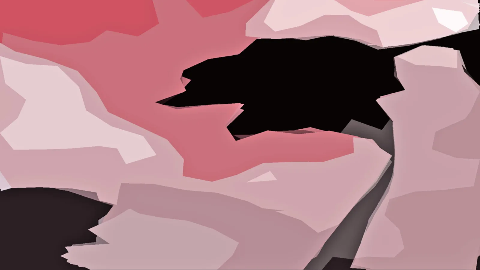 Abstraktes Bild aus unregelmäßigen rosa, weißen und grauen Flächen, in der Mitte und unten links von großen schwarzen Formen durchbrochen.