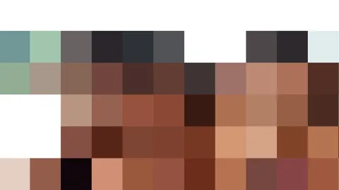 Ein Raster aus quadratischen Farbfeldern in Braun-, Beige-, Rot- und Blautönen, oben und links teils weiß.
