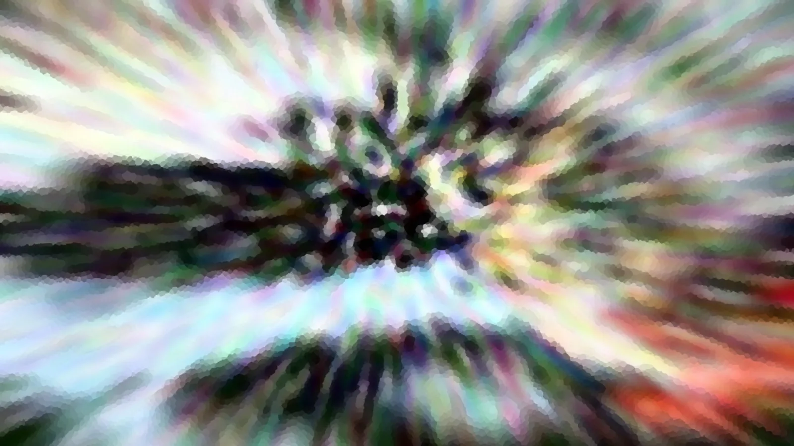 Abstrakte Komposition aus radial auseinanderstrahlenden, bunten Farbstreifen mit einem dunklen, verschwommenen Zentrum in der Bildmitte.