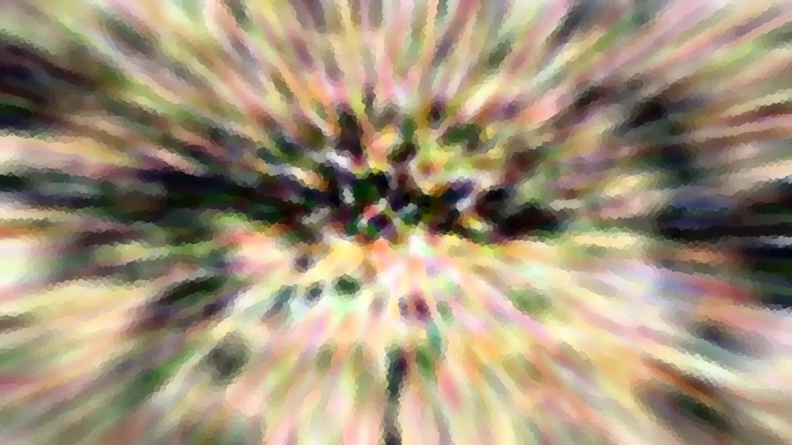 Abstrakte Komposition aus radial von einem dunklen Zentrum ausstrahlenden, verwischten Streifen in Grün, Rosa, Gelb und Weiß, die wie gemalte Pinselstriche wirken.