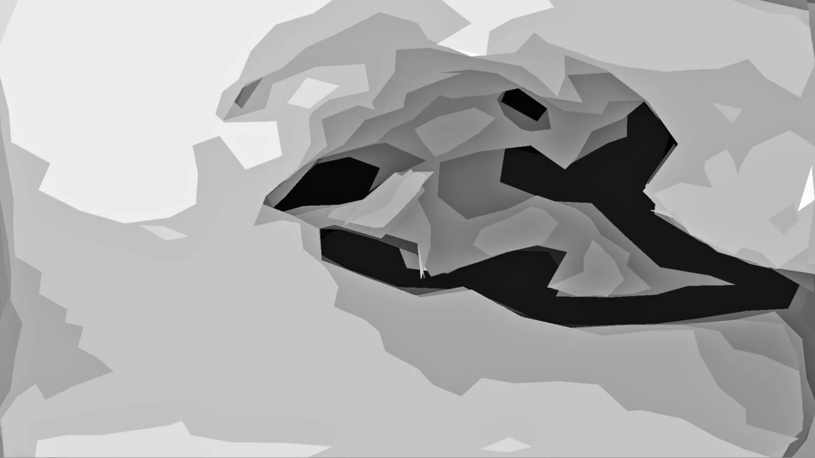 Abstrakte Komposition aus grauen und schwarzen polygonalen Flächen, im oberen Bereich eine helle Fläche, in der Mitte dunkle, gewundene Formen.