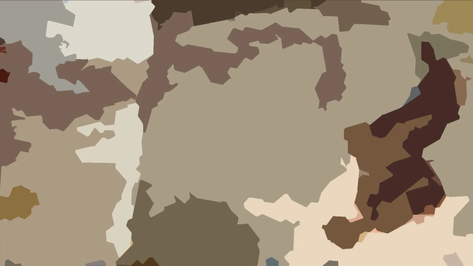Abstraktes Muster aus unregelmäßigen, flächigen Formen in Beige, Braun, Creme und Grau, mit einer großen hellen Mittelfläche.
