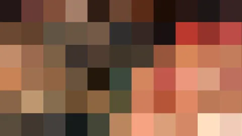 Abstraktes Mosaik aus quadratischen Blöcken in Braun-, Rot- und Beigetönen, nach unten in Grüngrau und Dunkelbraun übergehend.