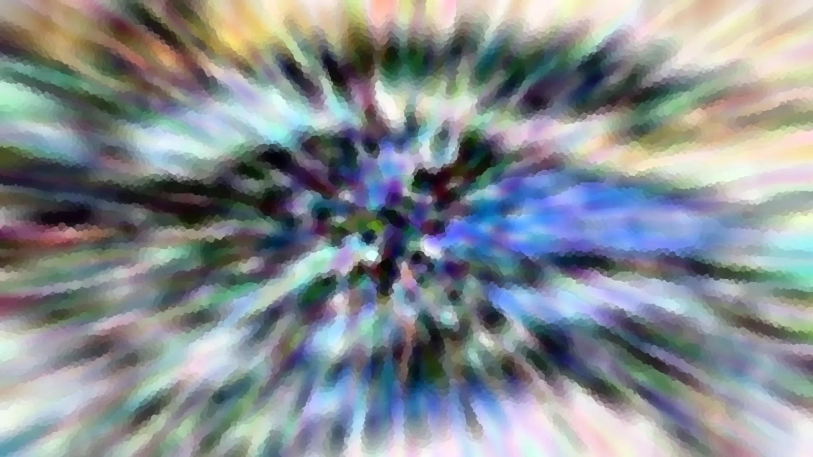 Abstrakte Komposition aus radial von der Mitte nach außen laufenden Farbstrahlen in Blau, Grün, Violett und Pastelltönen, mit pixeligem Muster.