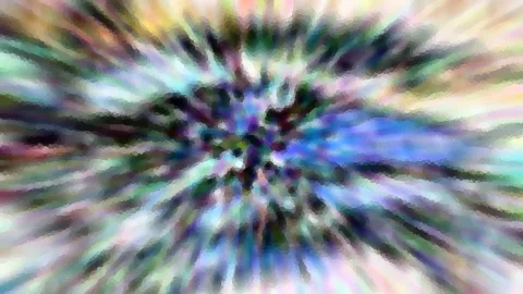 Abstrakte Komposition aus radial von der Mitte nach außen laufenden Farbstrahlen in Blau, Grün, Violett und Pastelltönen, mit pixeligem Muster.