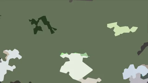 Abstrakte Komposition aus unregelmäßigen Flecken in Dunkelgrün, Hellgrün, Weiß, Beige und Hellblau auf olivgrünem Grund.